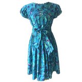 Vintage 1980s aqua tones daub print blue summer dress
