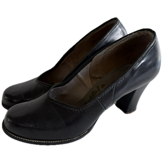 Classic black leather vintage 1940s babydoll heeled shoes UK 5