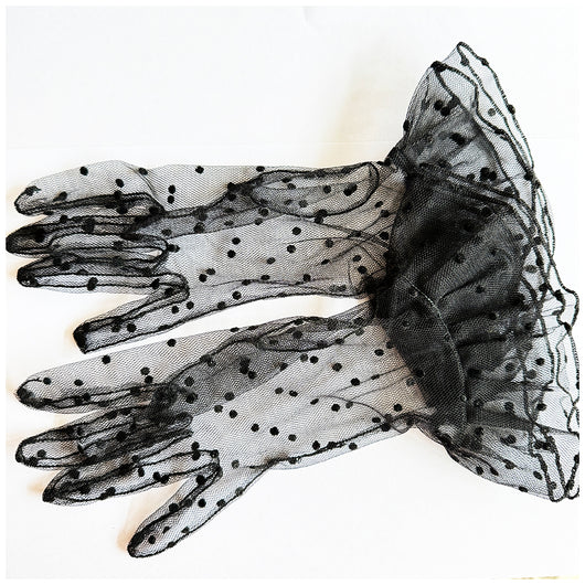 Polkadot mesh net vintage frill wrist black gloves