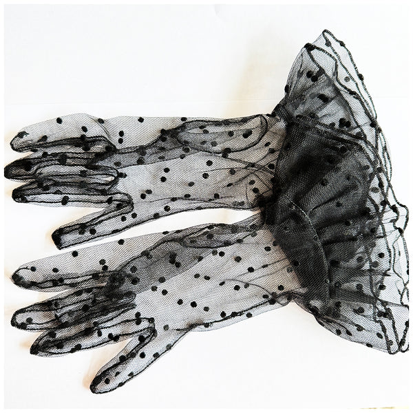 Polkadot mesh net vintage frill wrist black gloves