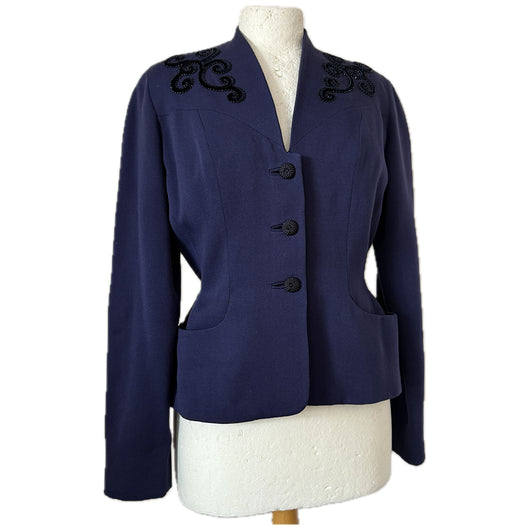 Deco navy vintage 1940s tailored worsted jacket with velvet scroll motifs