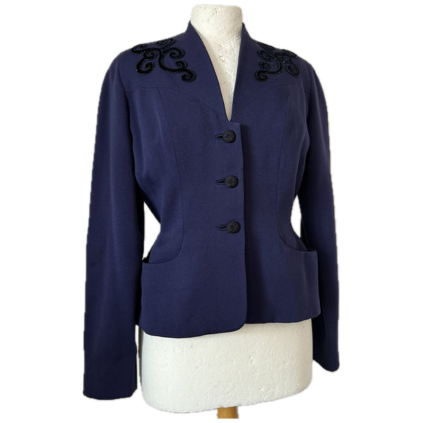 Deco navy vintage 1940s tailored worsted jacket with velvet scroll motifs