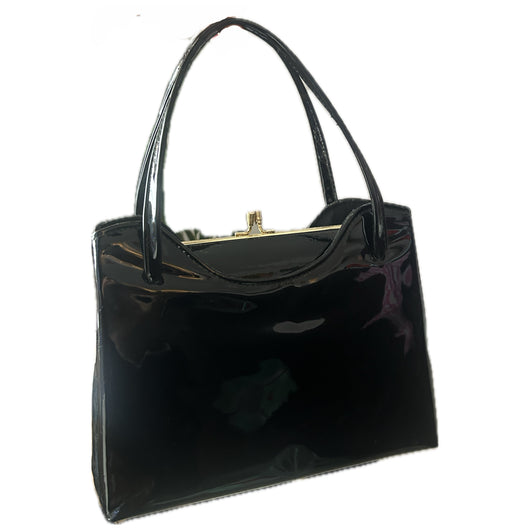 Black patent vintage 1960s handbag with gold clasp