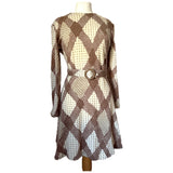 Geometric pattern knitted brown and cream vintage 1960s belted dress