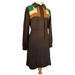 Brown colourblock bodice vintage 1970s jersey acrylic unworn day dress