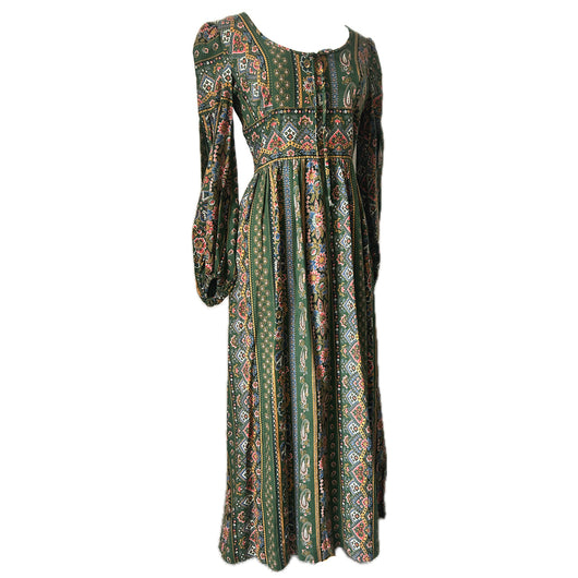 Dollyrockers vintage late 1960s forest green paisley floral maxi dress