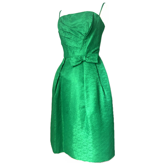 Robe de soirée hypnotique vert émeraude des années 1950 avec nœud à la hanche