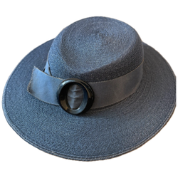 1940s navy blue delicately woven vintage boater hat with buckle