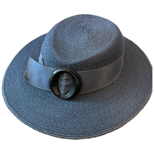 1940s navy blue delicately woven vintage boater hat with buckle