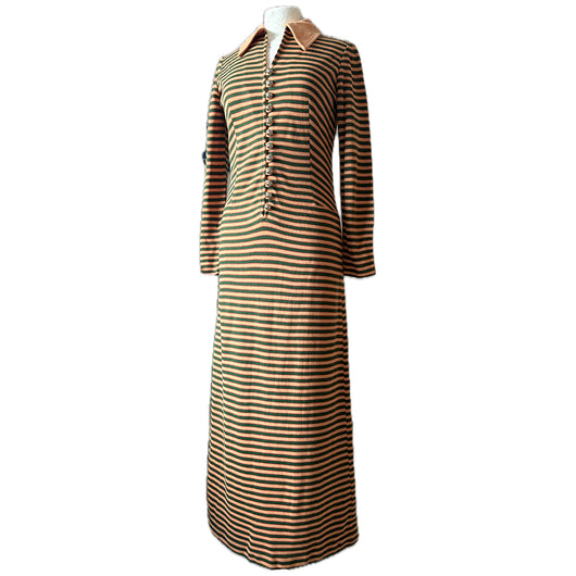 Tan, forest green and terracotta stripe vintage 1970s maxi dress