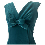 Robe de soirée en velours bleu sarcelle foncé vintage des années 1960 avec garniture à nœud