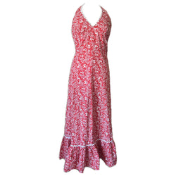 Red and white floral cotton 1970s maxi dress with rickrack trim