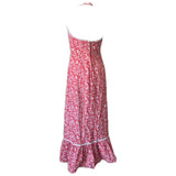 Red and white floral cotton 1970s maxi dress with rickrack trim