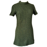 Olive green paisley wool vintage 1960s short sleeved mini dress