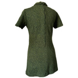 Olive green paisley wool vintage 1960s short sleeved mini dress