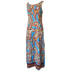 Paisley print vintage 1960s blue, red and orange psychedelic maxi dress