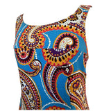 Paisley print vintage 1960s blue, red and orange psychedelic maxi dress