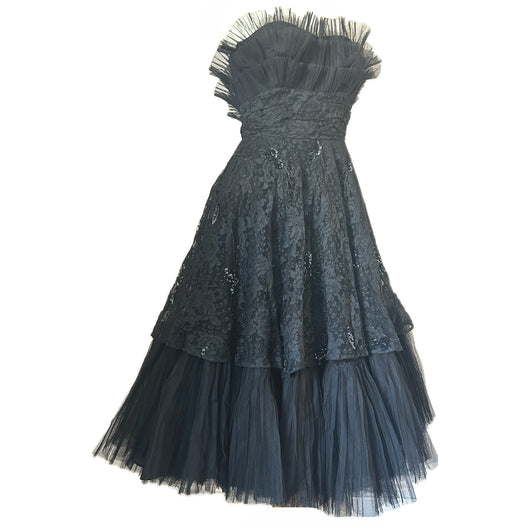 Dramatic vintage 1950s Robert Dorland beaded black lace and net strapless ballgown