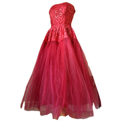 Scarlet red vintage 1950s strapless ballgown with beaded bodice