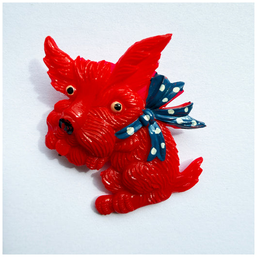 Vintage novelty red Scottie dog brooch with polka dot bow