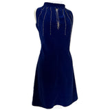 Sapphire blue velvet vintage 1960s cocktail dress with faux pearl trim