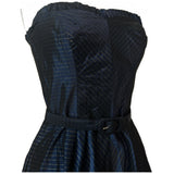 Midnight blue and gold striped acetate vintage 1950s strapless gown and bolero
