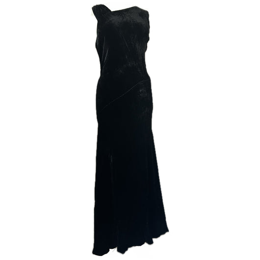 Elegant black velvet vintage 1930s bias cut evening dress
