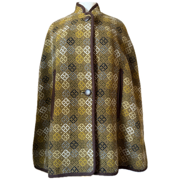 Brown, cream and mustard Welsh wool tapestry vintage cape