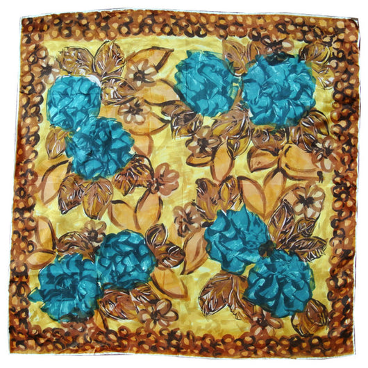 Teal and brown rayon satin floral vintage 1950s scarf - Vintage Clothing, Vintage Stock, Vintage Dresses, Vintage Shoes UK