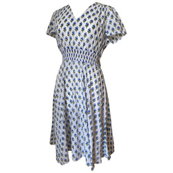 White cotton vintage 1970s block print floral day dress