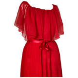 Superbe robe de soirée Marcel Fenez en mousseline plissée rouge des années 1970