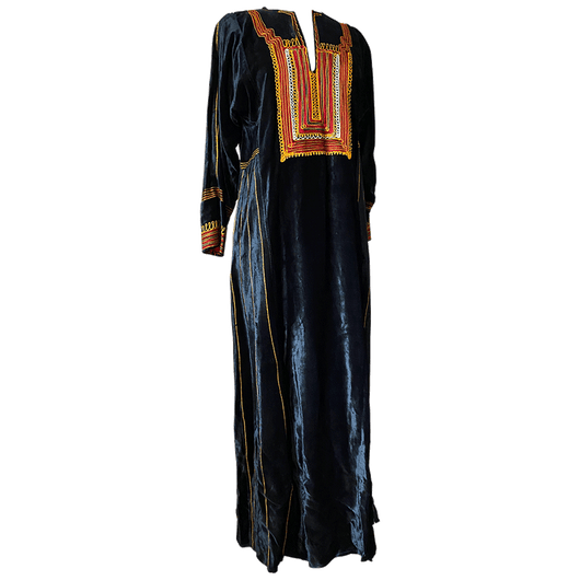 Black cotton velvet vintage embroidered kaftan