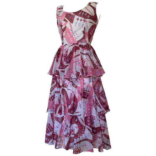 Graphic print pink and white nylon 1970s vintage ra-ra dress