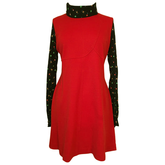 Mini-robe mod non portée à col roulé floral rouge et noir des années 1970