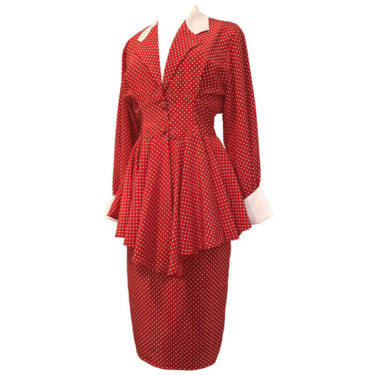 Red and white polkadot vintage 1980s peplum waist power suit