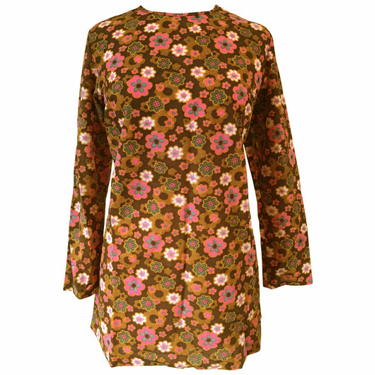 Flower power pink and brown vintage 1960s psychedelic brushed nylon tunic top - Vintage Clothing, Vintage Stock, Vintage Dresses, Vintage Shoes UK