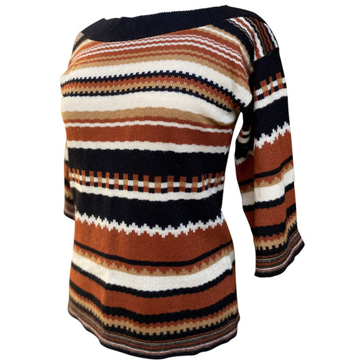 Slash neck 1970s rust, black and cream acrylic knit hippy top