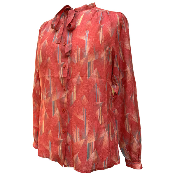 Londonpride pussybow collar deco print 1970s coral blouse - Candy Says Vintage Clothing UK
