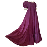 Quad dentelle garnie vintage dramatique années 1960 robe maxi violette à manches bouffantes