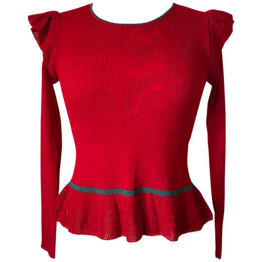 Haut taille péplum en tricot acrylique rouge et vert des années 1970