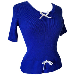 Royal blue acrylic knit 1970s bow trim top