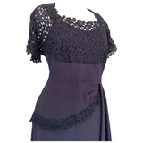 Late 1940s navy blue crepe and swiss lace vintage cocktail dress