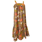 Robe d'été en coton évasée marron et orange à imprimé palmier des années 1970