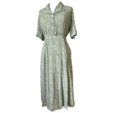 Pale avocado green paisley print cotton weave 1940s day dress