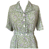 Pale avocado green paisley print cotton weave 1940s day dress