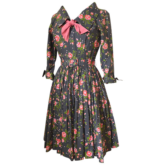Melbray grey and pink rose print cotton 1950s day dress Candy Says Vintage Clothing UK