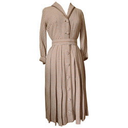 Petite fit blush beige and white dogtooth check vintage 1950s belted day dress