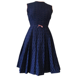 Navy blue and pink broderie anglaise eyelet vintage early 1960s party dress