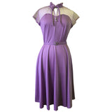 Lilac 1970s belted dotty lace trim vintage dress