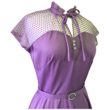 Lilac 1970s belted dotty lace trim vintage dress